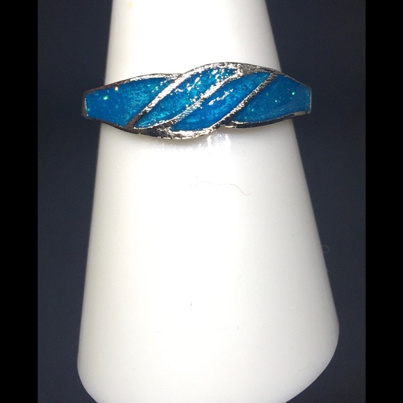 Sterling Silver Wedding Band Australian Fire Blue Opal Ring - Picture 1 of 5